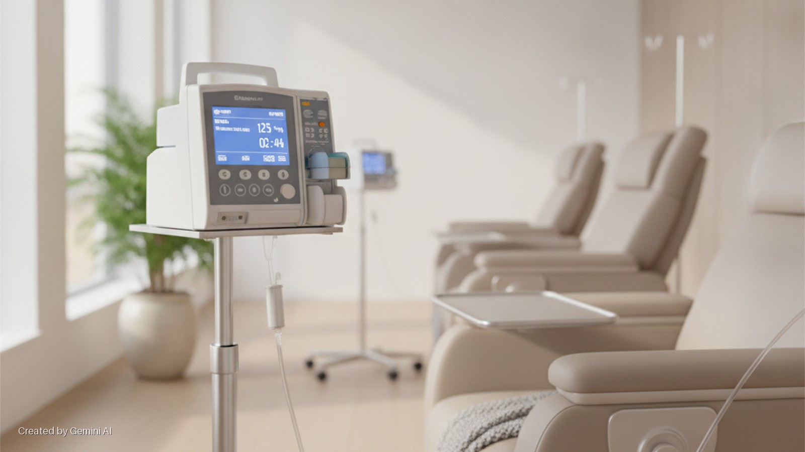A brightly lit, modern medical infusion room features an IV pump on a stand in the foreground, with several plush beige treatment chairs, side tables, and other medical equipment visible in the background.