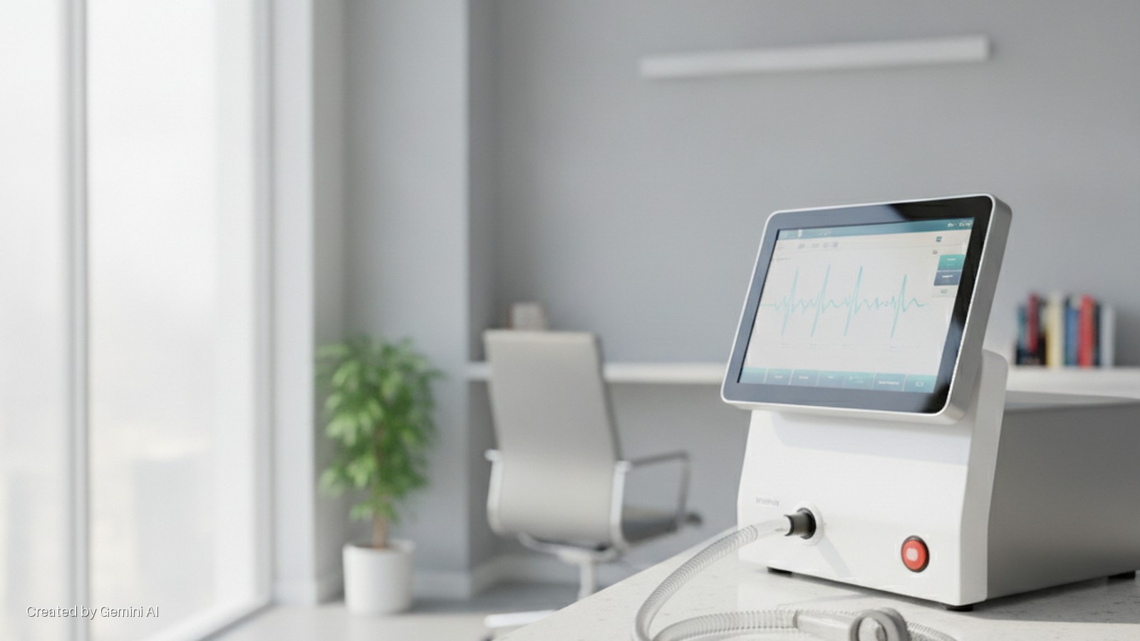 A white medical device displaying a blue waveform on its screen with a connected tube sits on a desk in a brightly lit modern office with a large window, a potted plant, an office chair, and books on a shelf.