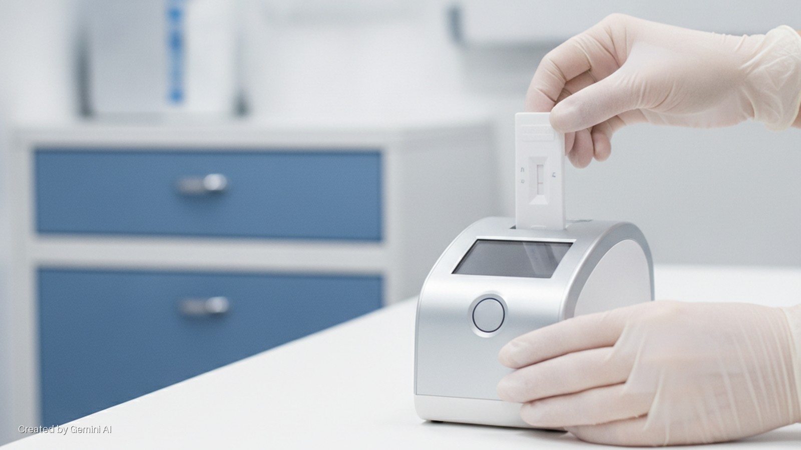 A gloved hand inserts a white test cassette into a silver electronic reader on a white table in a brightly lit laboratory, with blurred blue drawers and white cabinets in the background.