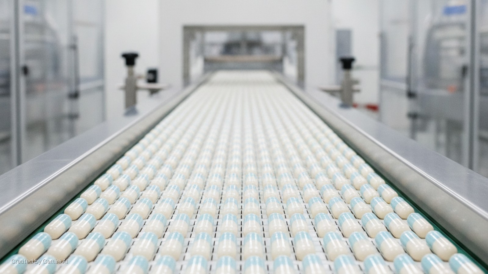 White and light blue capsules move in neat rows on a conveyor belt within a brightly lit, sterile pharmaceutical manufacturing facility.