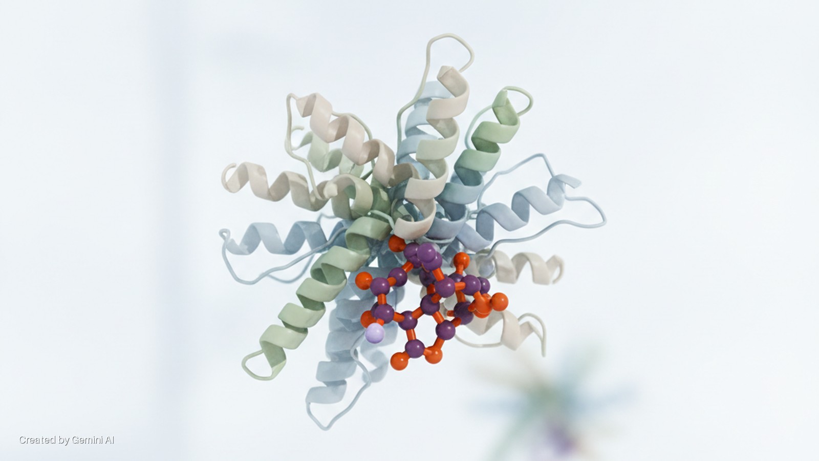A brightly lit molecular model features intertwined protein ribbons in pale green, blue, and beige, cradling a smaller purple and orange ball-and-stick molecule, set against a clean white background.