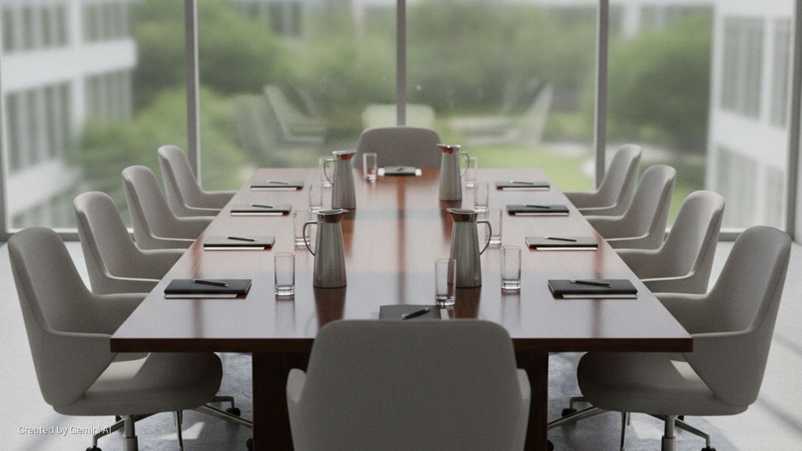 A modern conference room features a long wooden table surrounded by numerous light gray ergonomic chairs, set with silver insulated carafes, clear drinking glasses, and black notebooks with pens, brightly lit by large windows overlooking a 