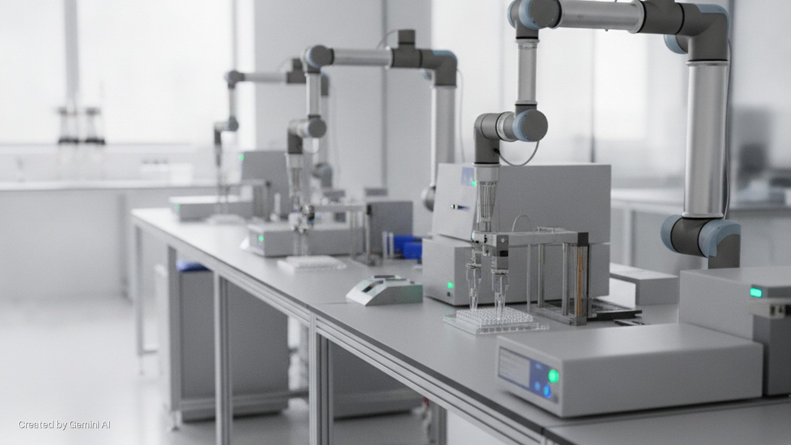 Multiple grey and blue robotic arms are positioned over automated liquid handling systems and microplates on a long laboratory bench in a brightly lit, modern lab setting.