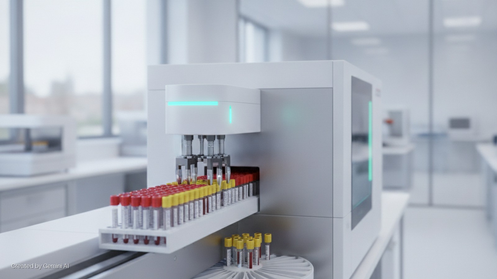 A white automated laboratory system with glowing blue and green lights processes rows of test tubes with red and yellow caps on a conveyor in a brightly lit, modern lab.