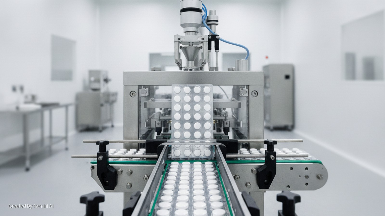 A pill packaging machine in a bright, sterile pharmaceutical cleanroom dispenses white pills into blister packs on a conveyor belt.