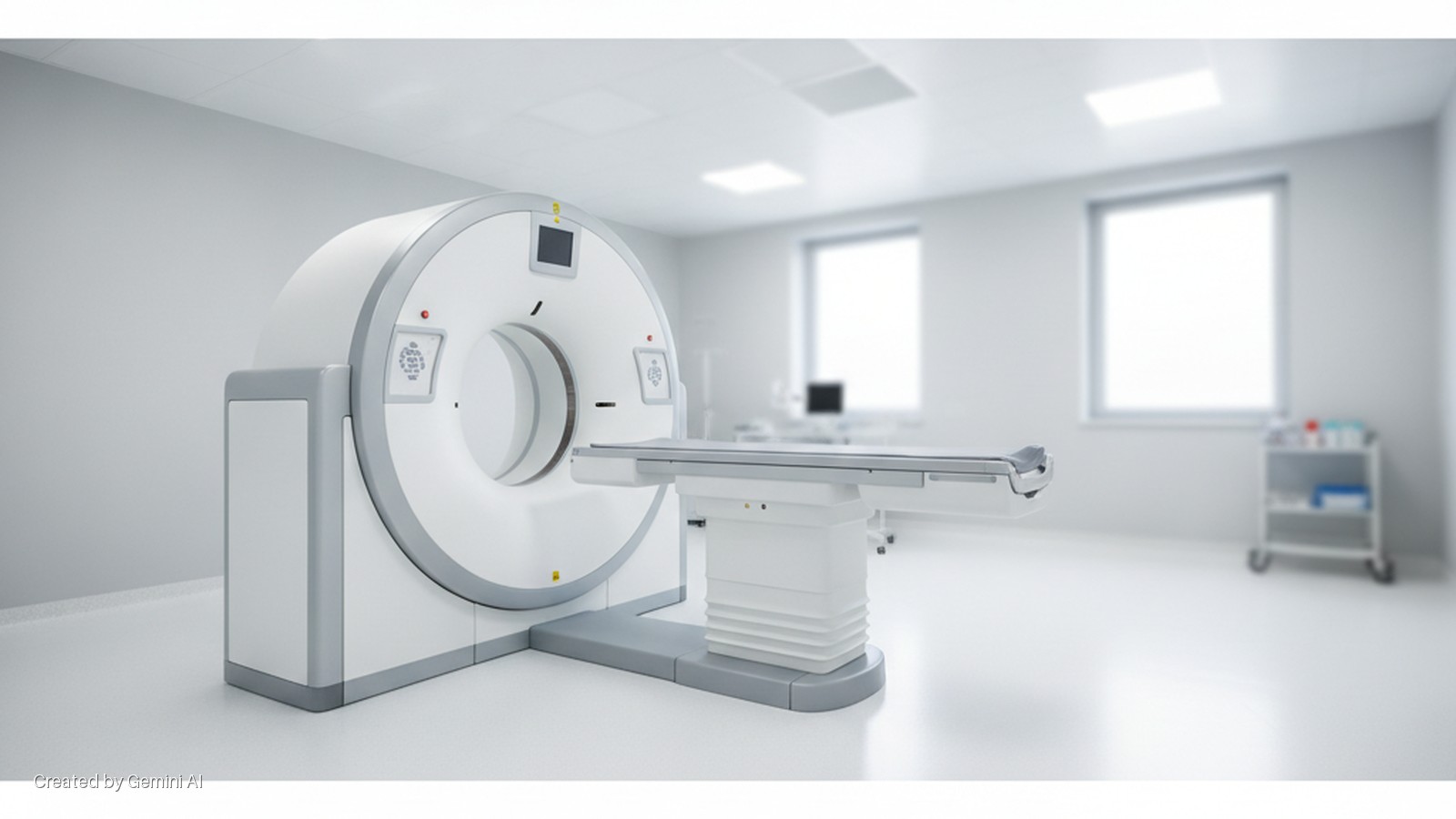 A modern, brightly lit medical examination room features a large white and grey CT scanner with an attached patient table, alongside large windows and a small medical supply cart in the background.