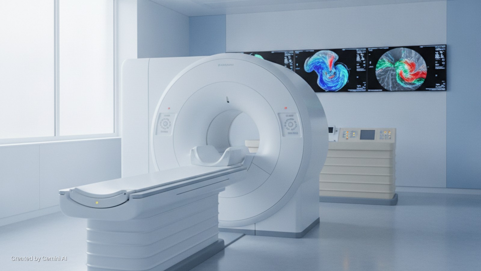 A brightly lit, modern medical imaging room features a white Samsung MRI machine with an attached patient table, a control console, and three wall-mounted monitors displaying vibrant medical scans.