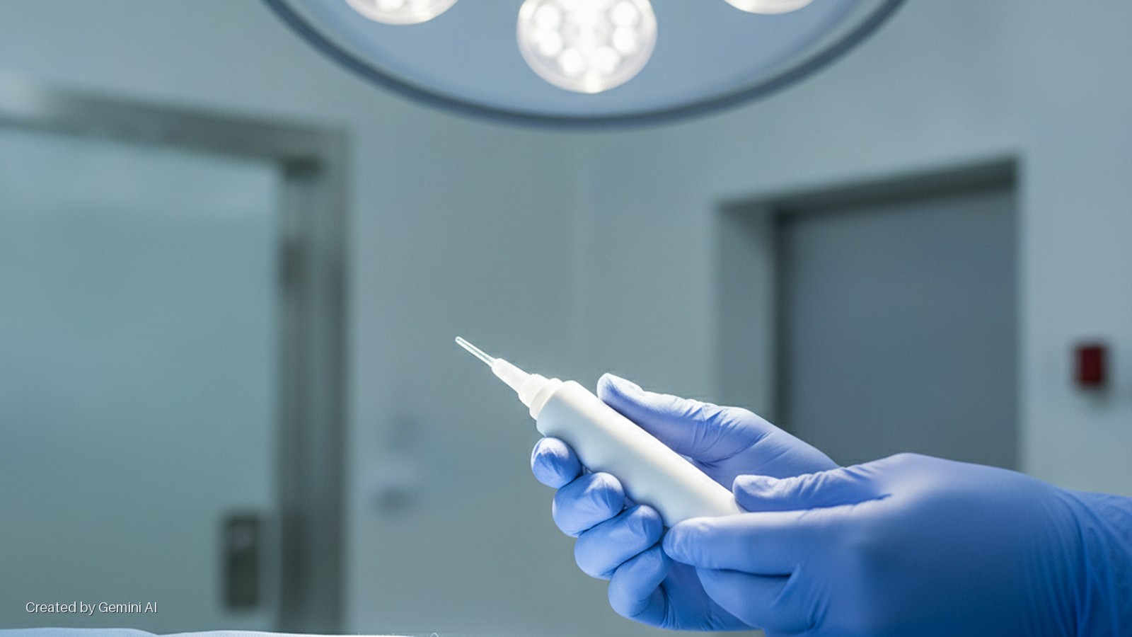 Hands in blue medical gloves hold a white applicator under bright overhead surgical lights in a sterile room.