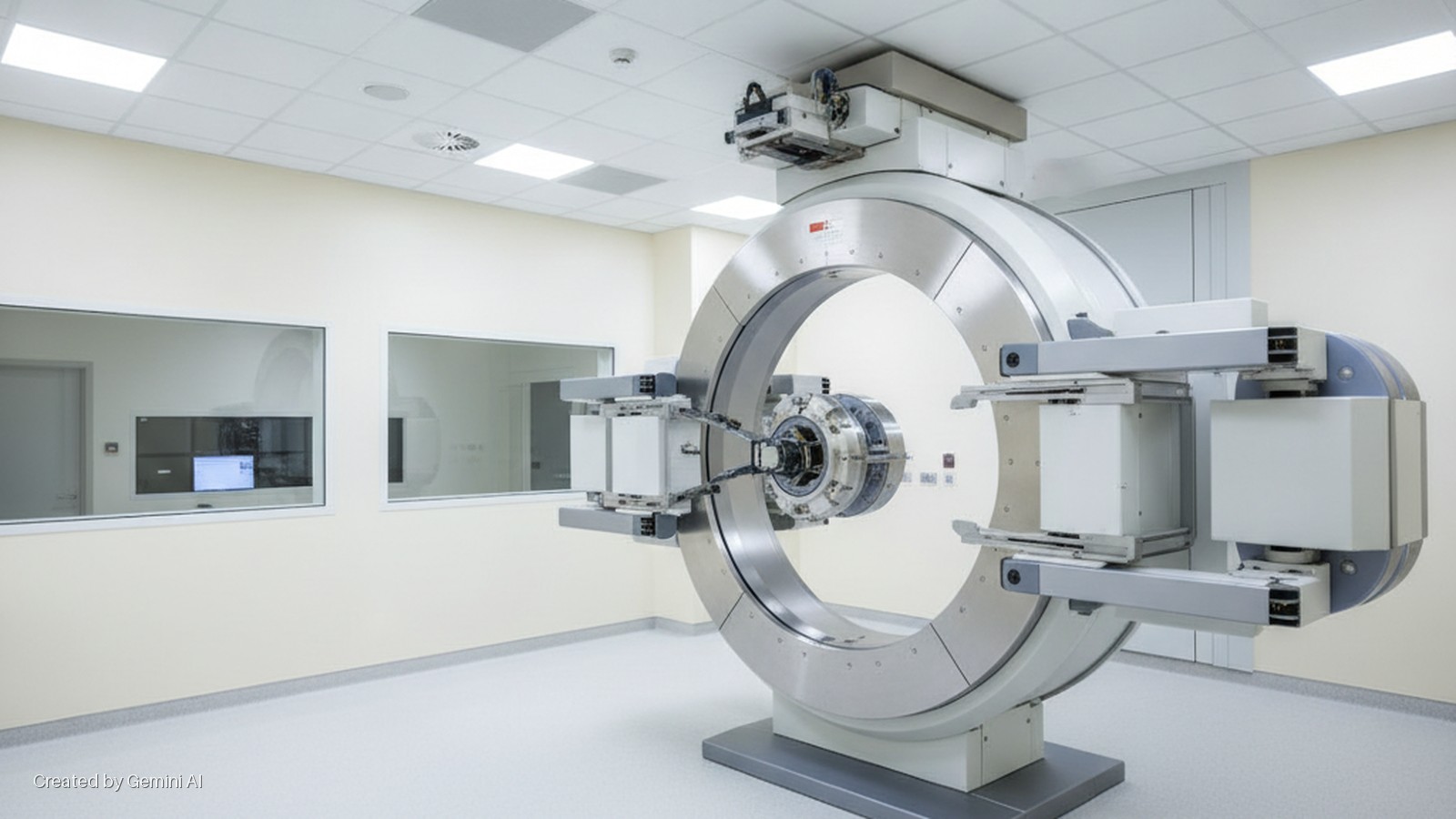 A large, circular, metallic radiation therapy machine stands in a brightly lit, sterile treatment room with observation windows on the left revealing control monitors.