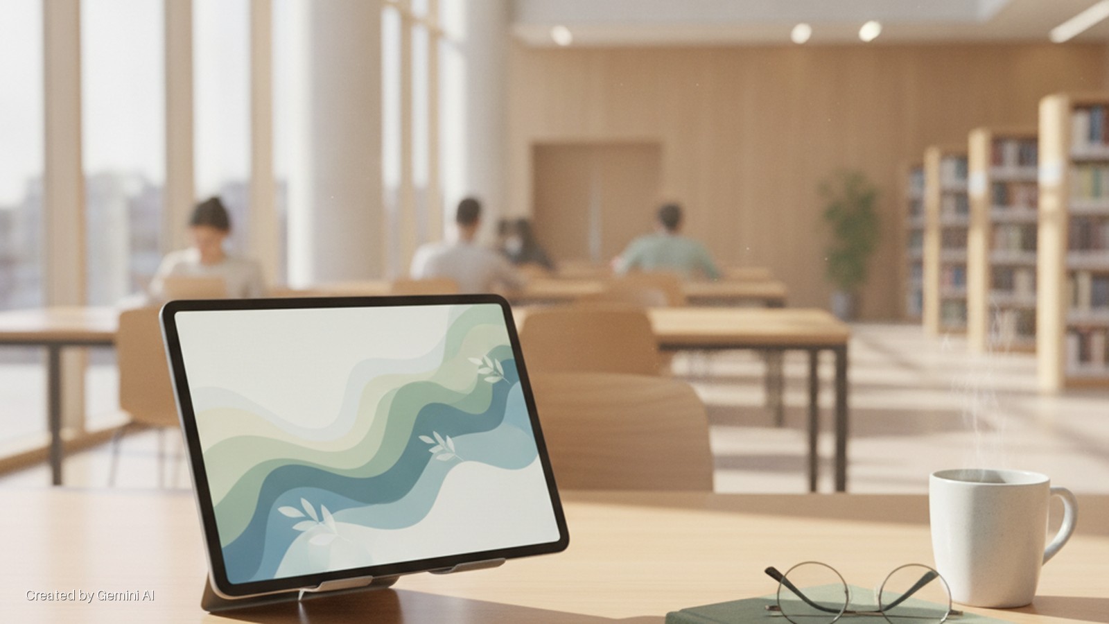 A tablet displaying a blue and green wavy leaf design sits on a wooden table beside a steaming white mug, eyeglasses, and a book, in a brightly lit library with blurred students and bookshelves in the background.