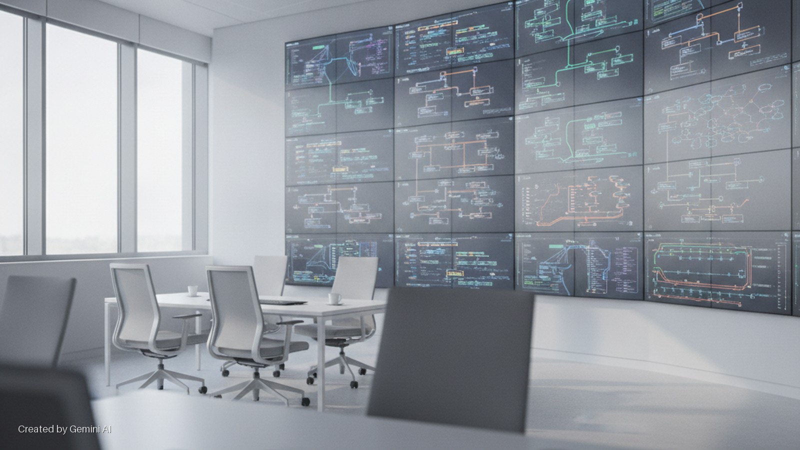 A modern meeting room features a large multi-screen video wall displaying colorful network diagrams and code, a white conference table with several light-colored office chairs, and bright natural light from large windows.