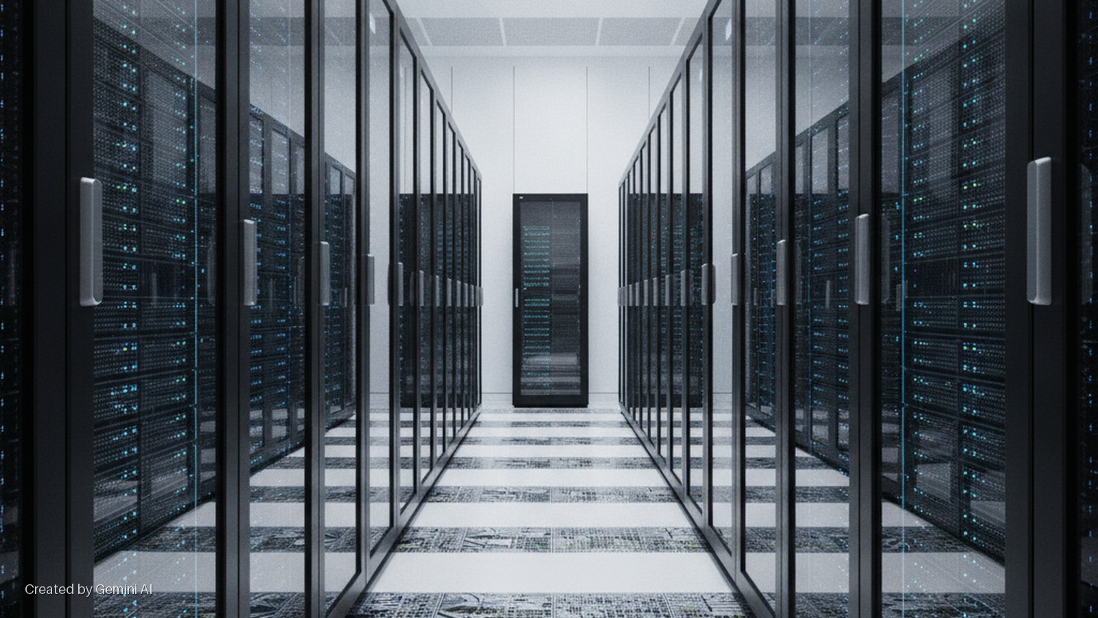 Black server racks with glowing blue lights behind glass doors line a central aisle with a patterned floor in a brightly lit data center, leading to an end server rack.