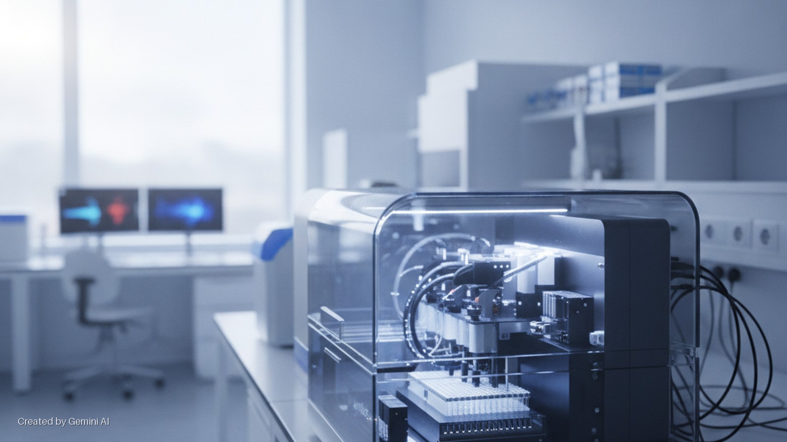 A laboratory automation system, internally illuminated and holding multiple test tubes, sits on a desk in a brightly lit, cool-toned scientific lab, with blurred computer monitors and shelves in the background.