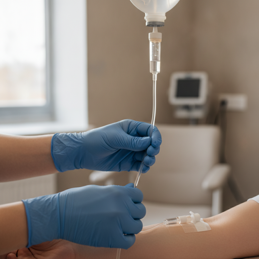 Hands in blue gloves prepare an IV drip connected to a patient's arm in a brightly lit medical room with a window and a medical monitor in the background.