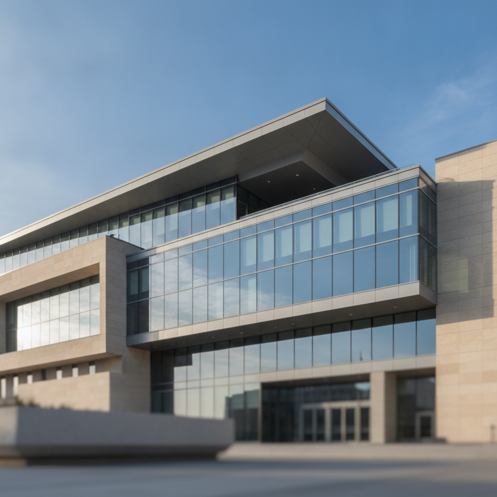 An exterior view of a modern building featuring a large glass facade, light stone sections, a wide overhanging roof, and a prominent elevated glass-enclosed section, illuminated by bright daylight under a clear blue sky.