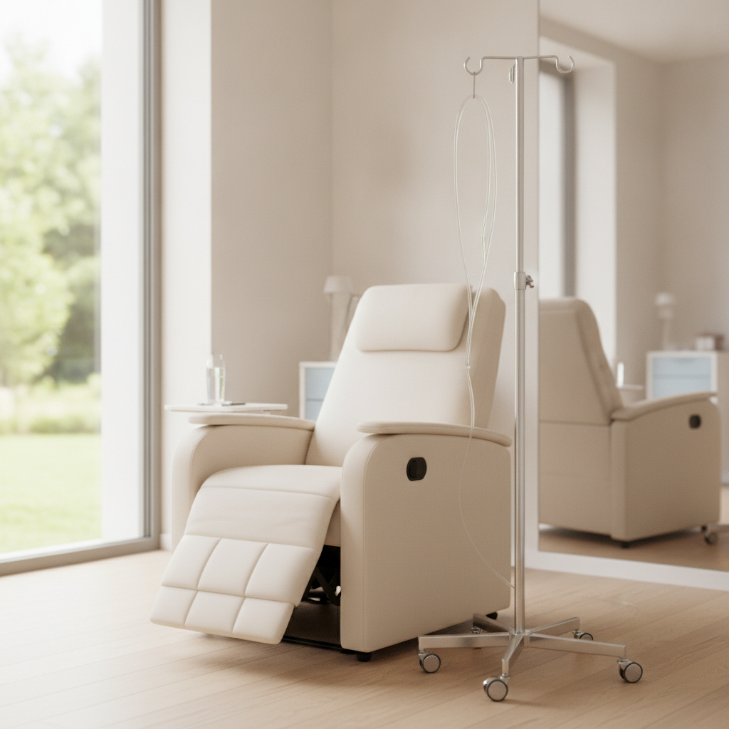 A brightly lit room features a cream recliner chair, an IV pole with tubing, a glass of water on a side table, a large window revealing a garden, and a mirror reflecting the chair.