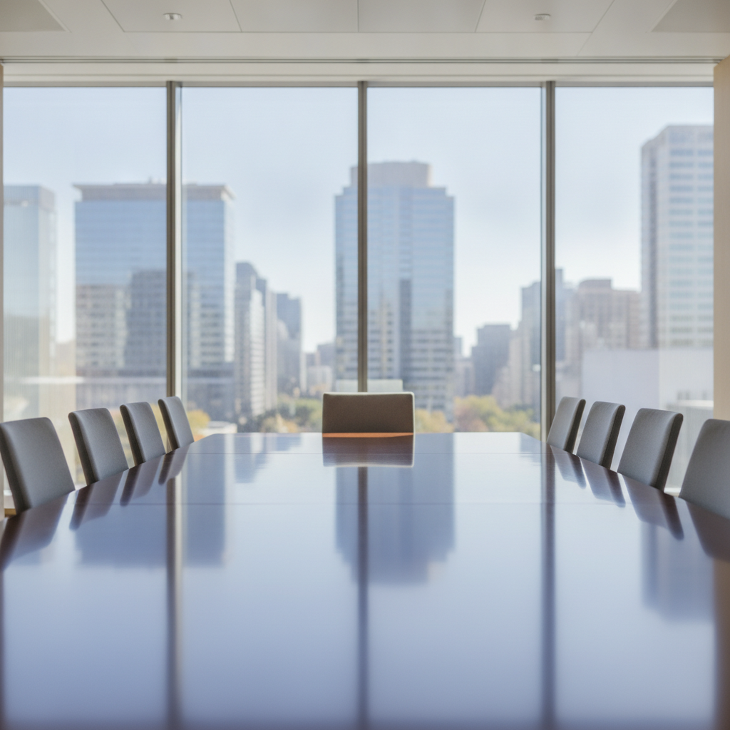 A long, reflective conference table with dark chairs sits in a brightly lit modern office overlooking a sunny cityscape through large windows.