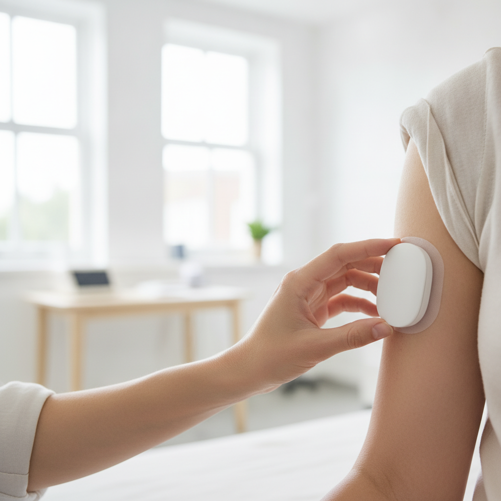 A hand attaches a white oval medical sensor with an adhesive patch to a person's upper arm, in a bright, naturally lit room with large windows, a wooden desk, and a small plant in the background.
