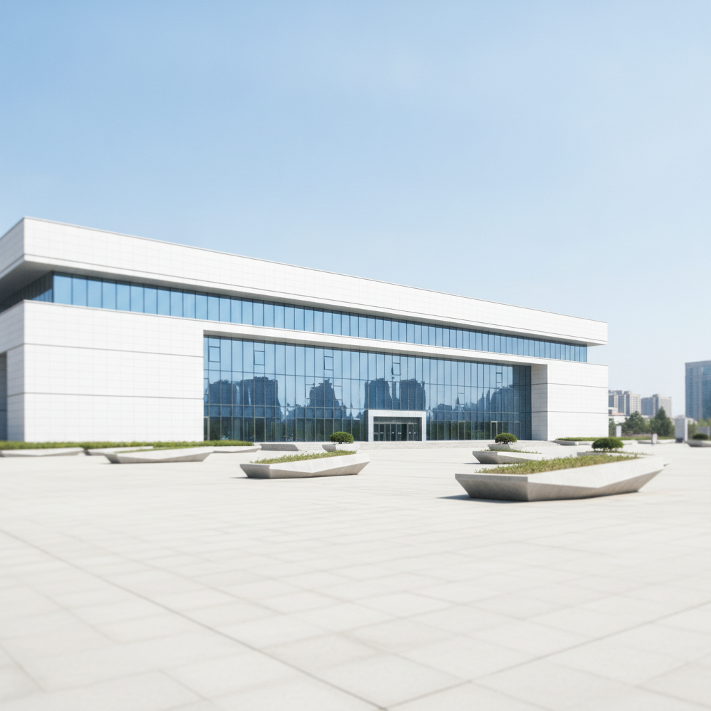 A modern white building with expansive glass windows reflecting city structures stands behind a wide, paved plaza featuring geometric concrete planters with greenery, all under bright daylight.