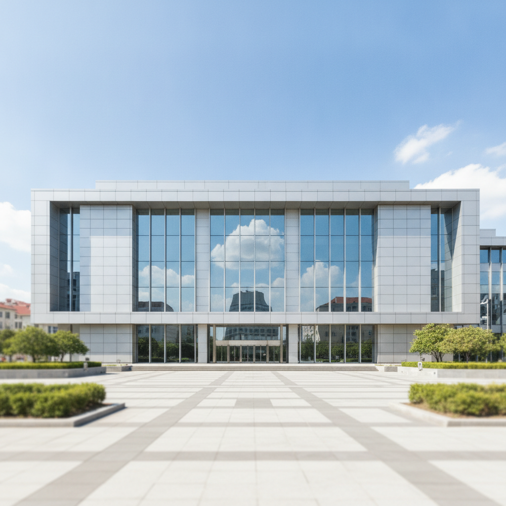 A modern building with a facade of large glass windows reflecting the sky and clouds stands behind a wide, patterned paved plaza on a clear, sunny day.