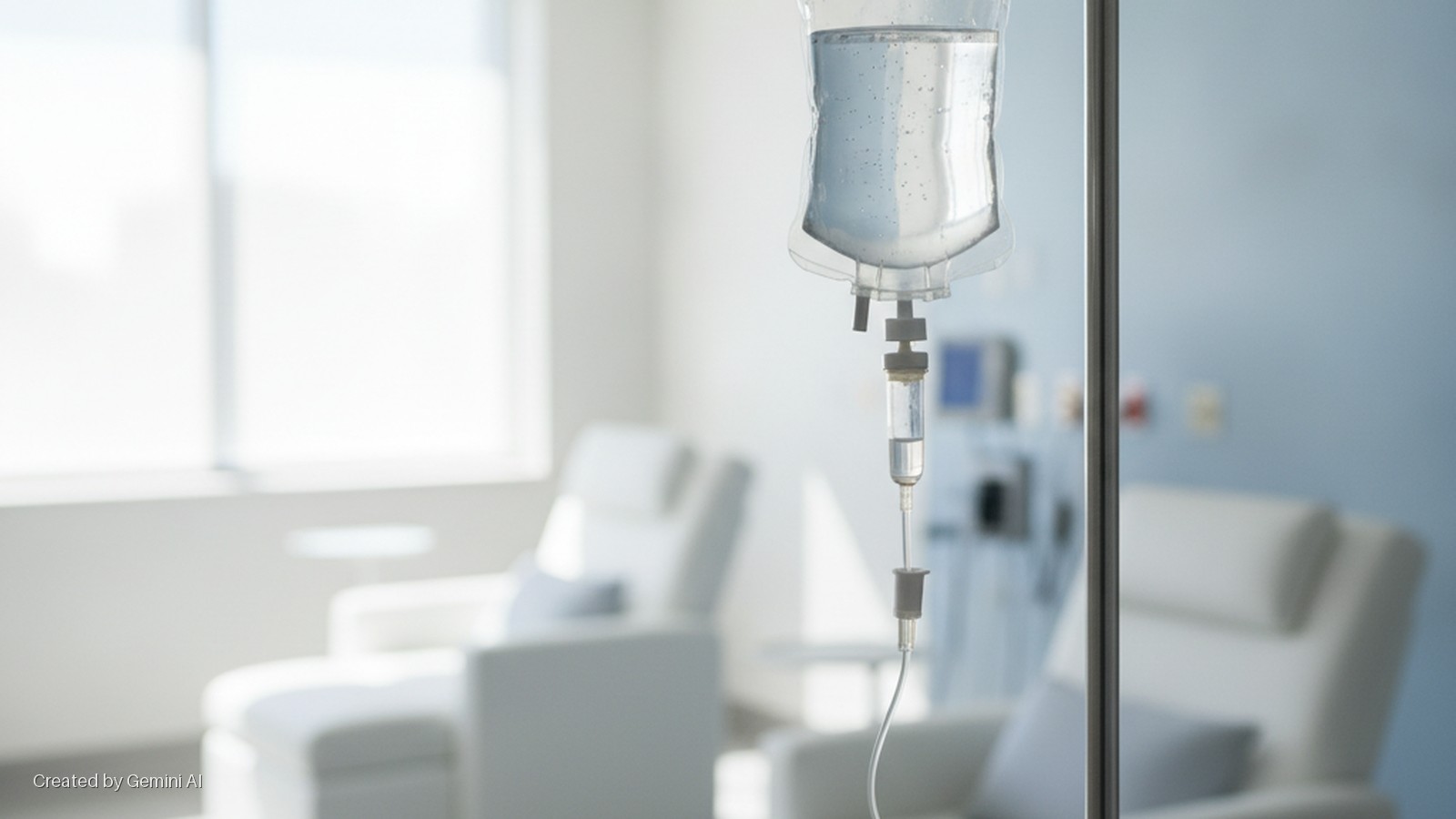 An IV bag with clear liquid hangs from a metal pole in the foreground of a brightly lit medical room with blurred white reclining chairs and a large window in the background.
