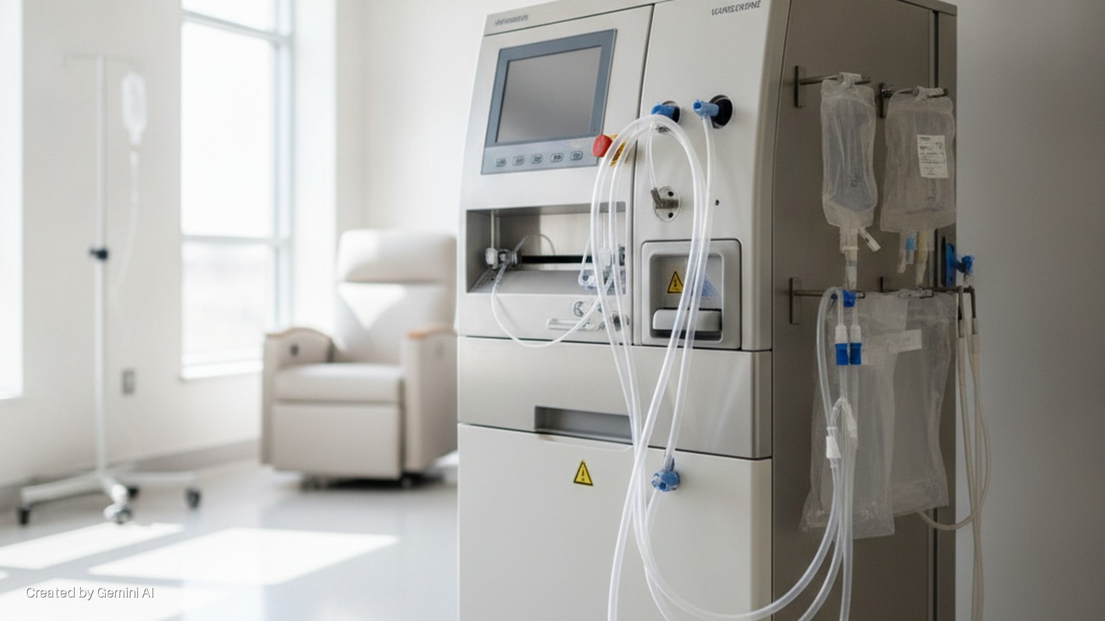 A brightly lit dialysis machine with attached tubing and IV bags stands in a clinic room, with an IV pole and a comfortable recliner chair visible in the background.