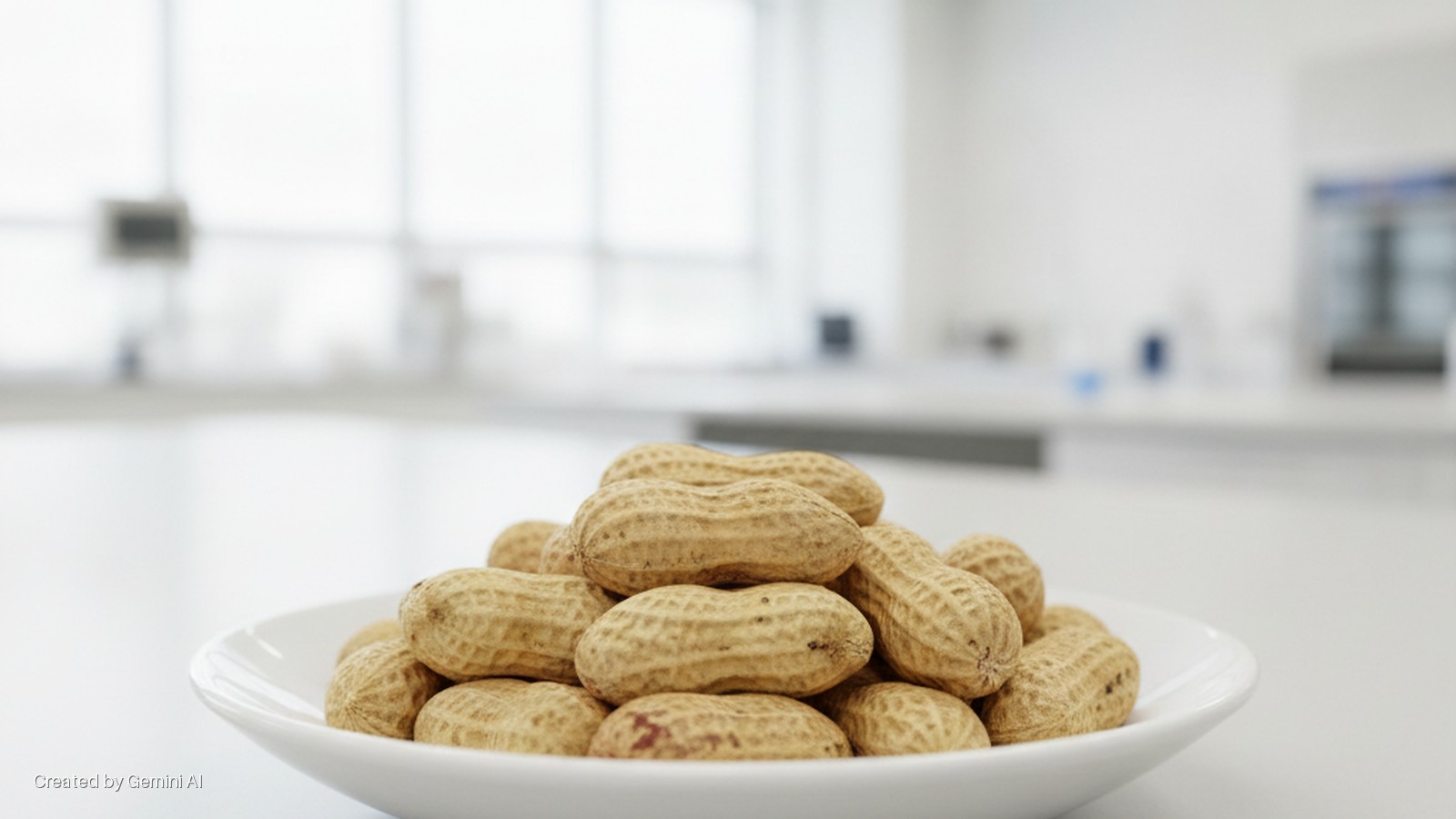 Unshelled peanuts are piled in a white bowl on a white surface, set against a bright, blurred background of a clean, light-filled room.