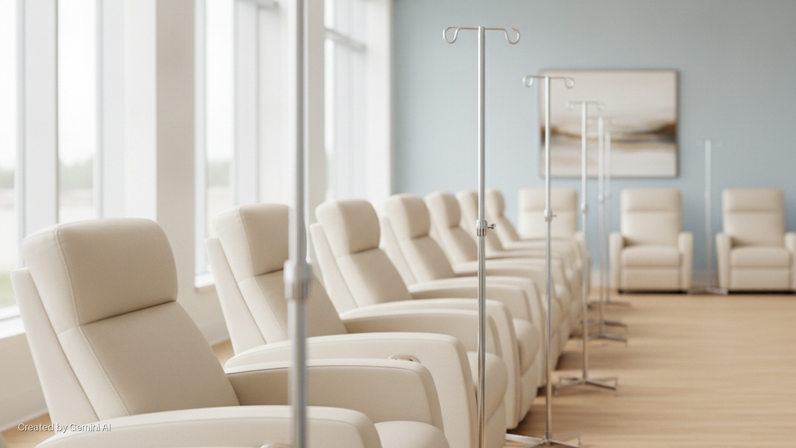 Rows of empty beige recliner chairs with accompanying IV poles line a brightly lit medical infusion room, featuring large windows on the left and a framed painting on a light blue wall.