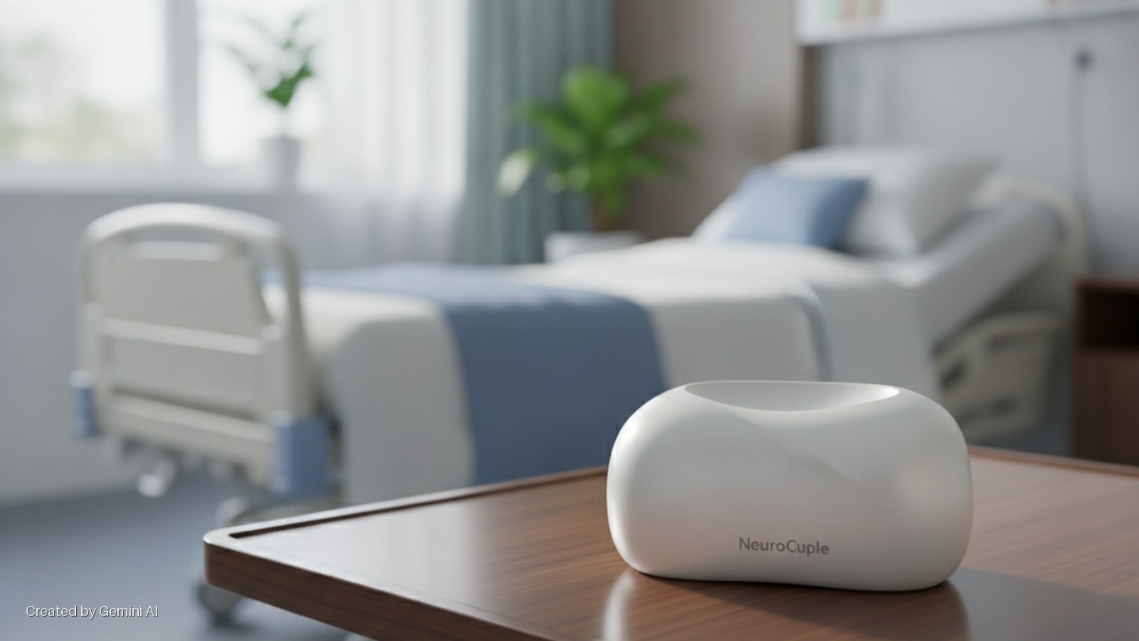 A white NeuroCouple device rests on a wooden bedside table in a naturally lit hospital room, with a bed, a window, and a potted plant blurred in the background.