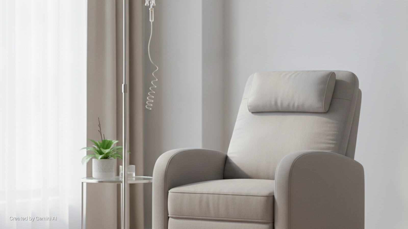 A naturally lit room features a light-colored recliner chair beside an IV stand with a clear bag and coiled tube, and a small side table holding a potted plant and a glass, all against a backdrop of soft curtains.