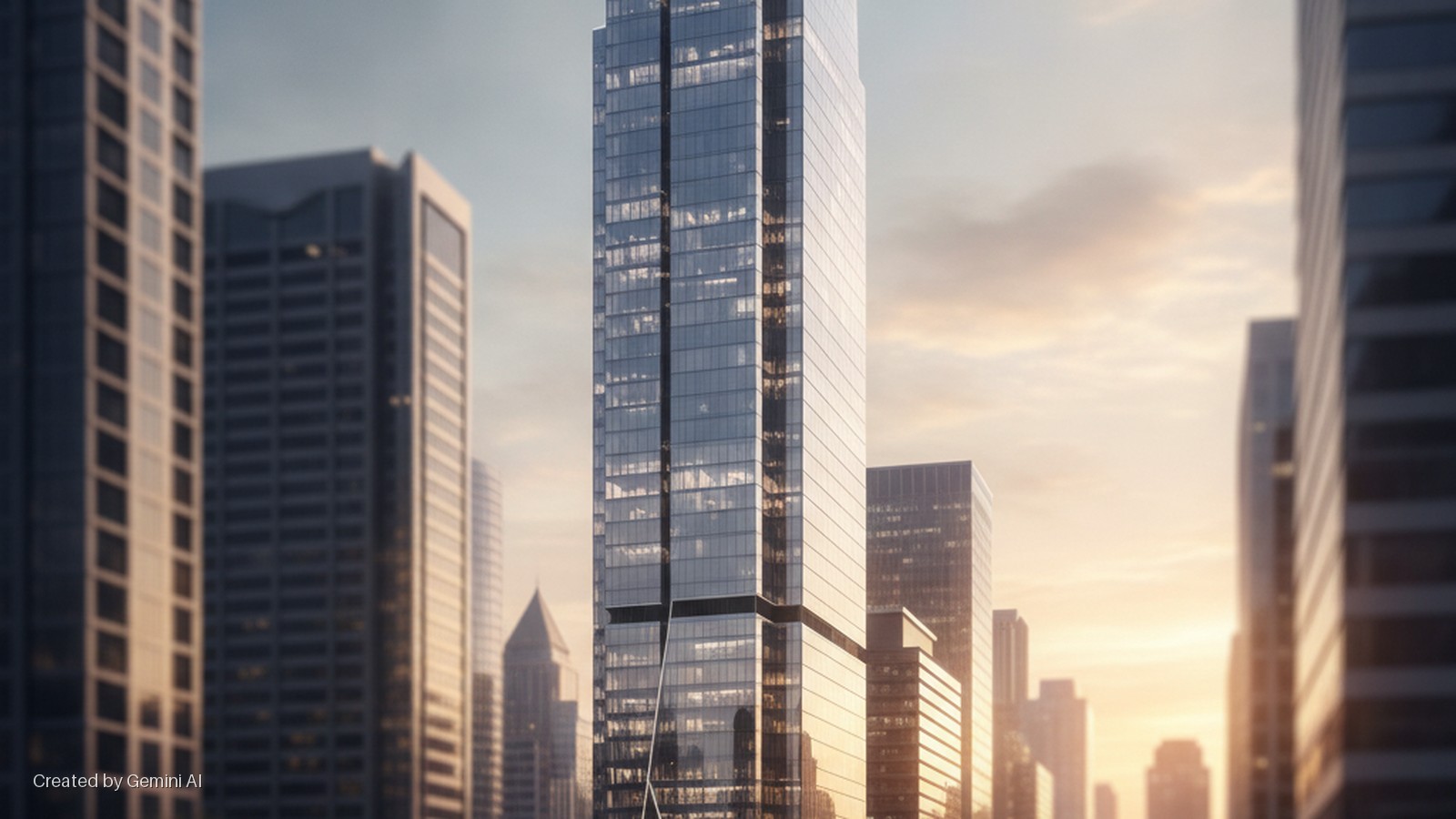 A prominent modern glass skyscraper stands in a city skyline at sunset, flanked by other buildings under a sky with warm golden light.
