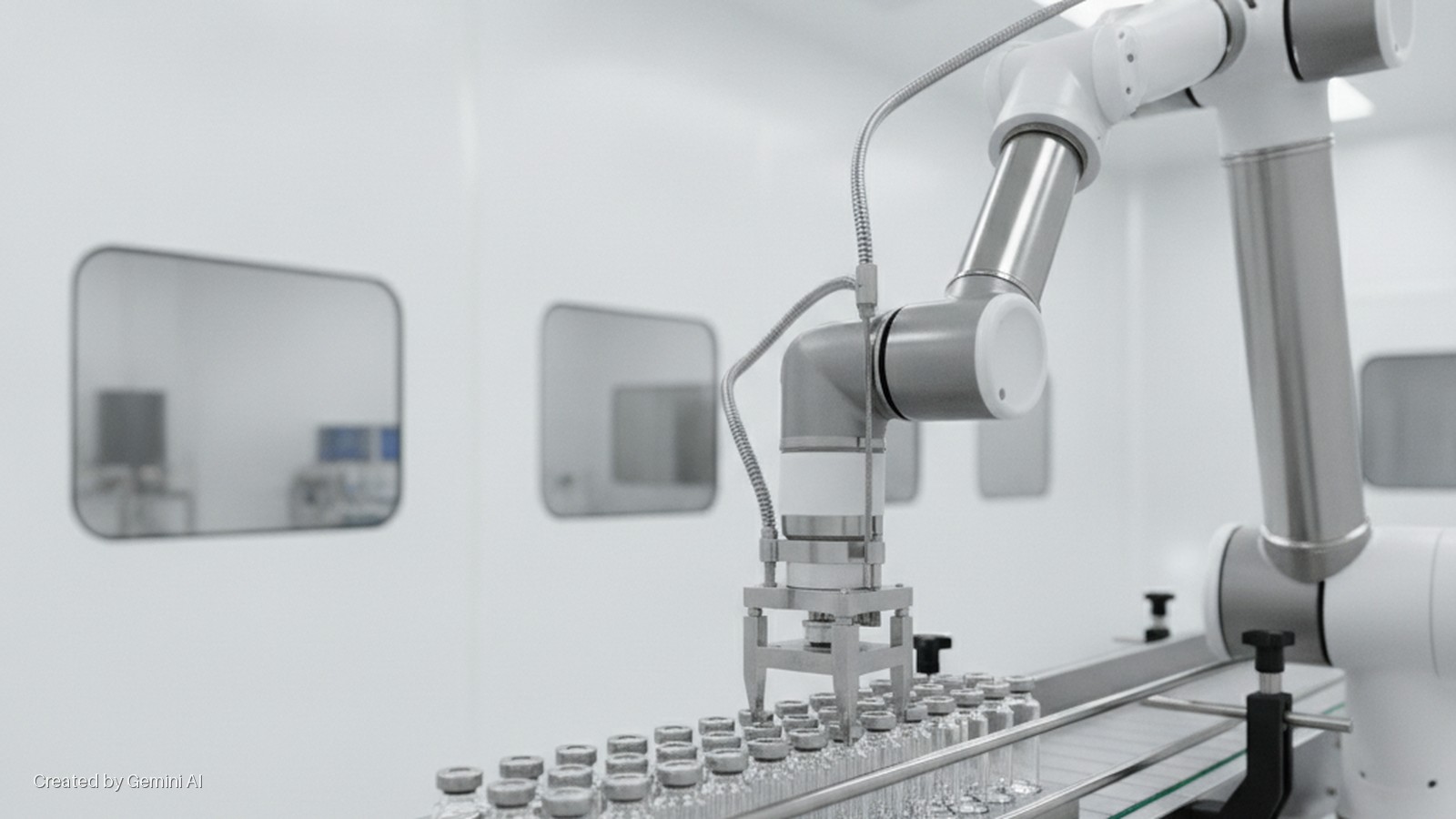 A grey and white robotic arm precisely positions clear glass vials with grey caps on a conveyor belt in a brightly lit, white cleanroom with blurred windows in the background.