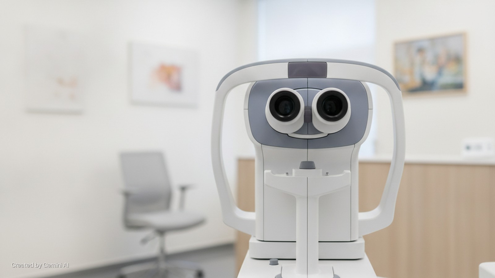 A white and grey ophthalmic autorefractor is centered in a brightly lit, clean eye examination room with blurred wall art, a grey chair, and wooden cabinetry in the background.
