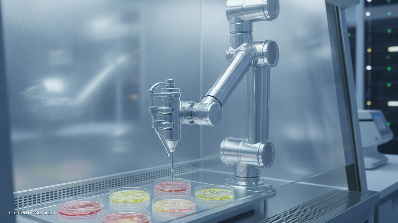 A silver robotic arm dispenses liquid into a petri dish on a tray with other red and yellow petri dishes, set inside a brightly lit laboratory cleanroom.
