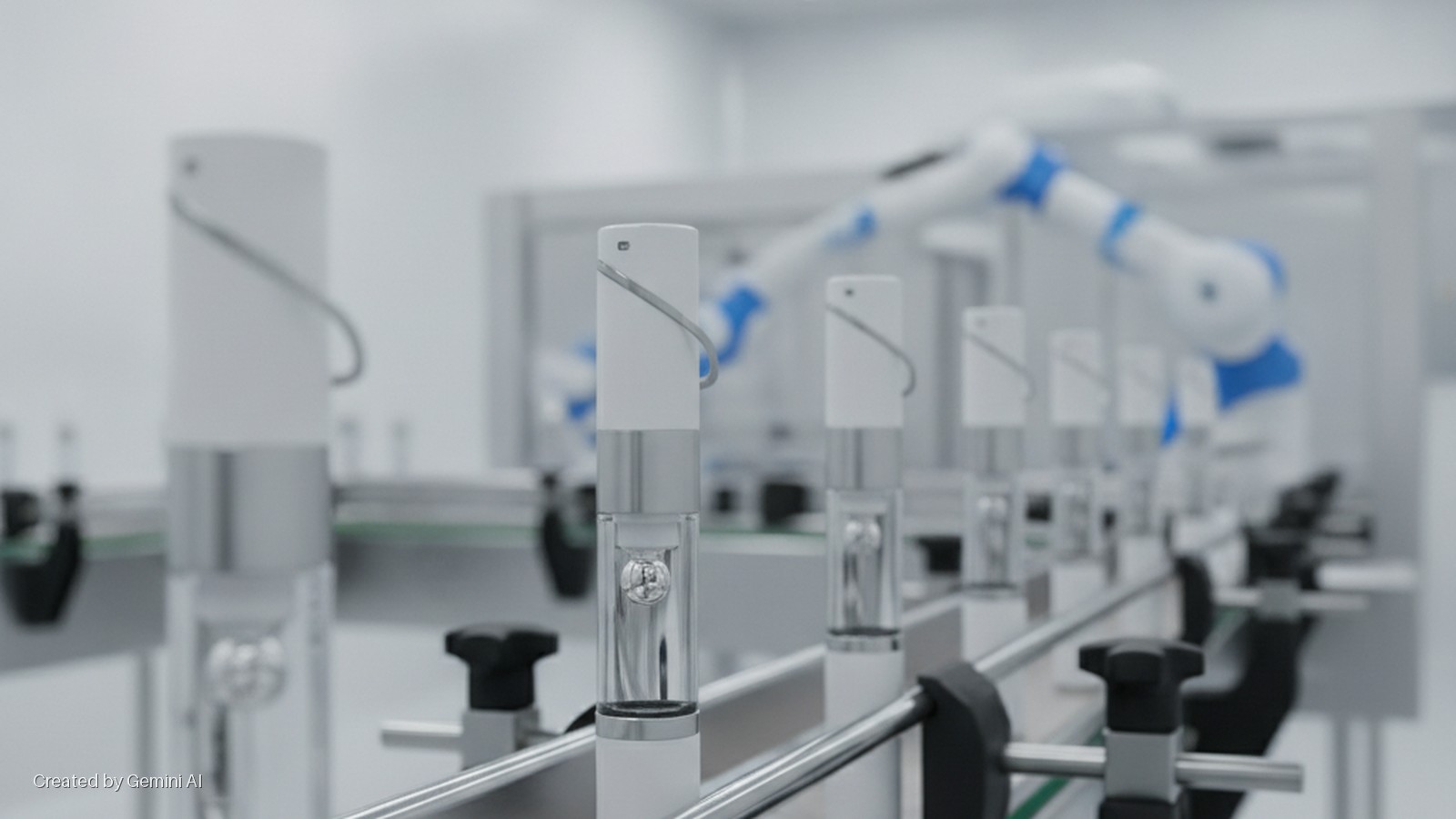 Cylindrical white and silver devices with clear sections showing internal spherical components move on a conveyor belt in a brightly lit, sterile automated facility, with a white and blue robotic arm in the background.