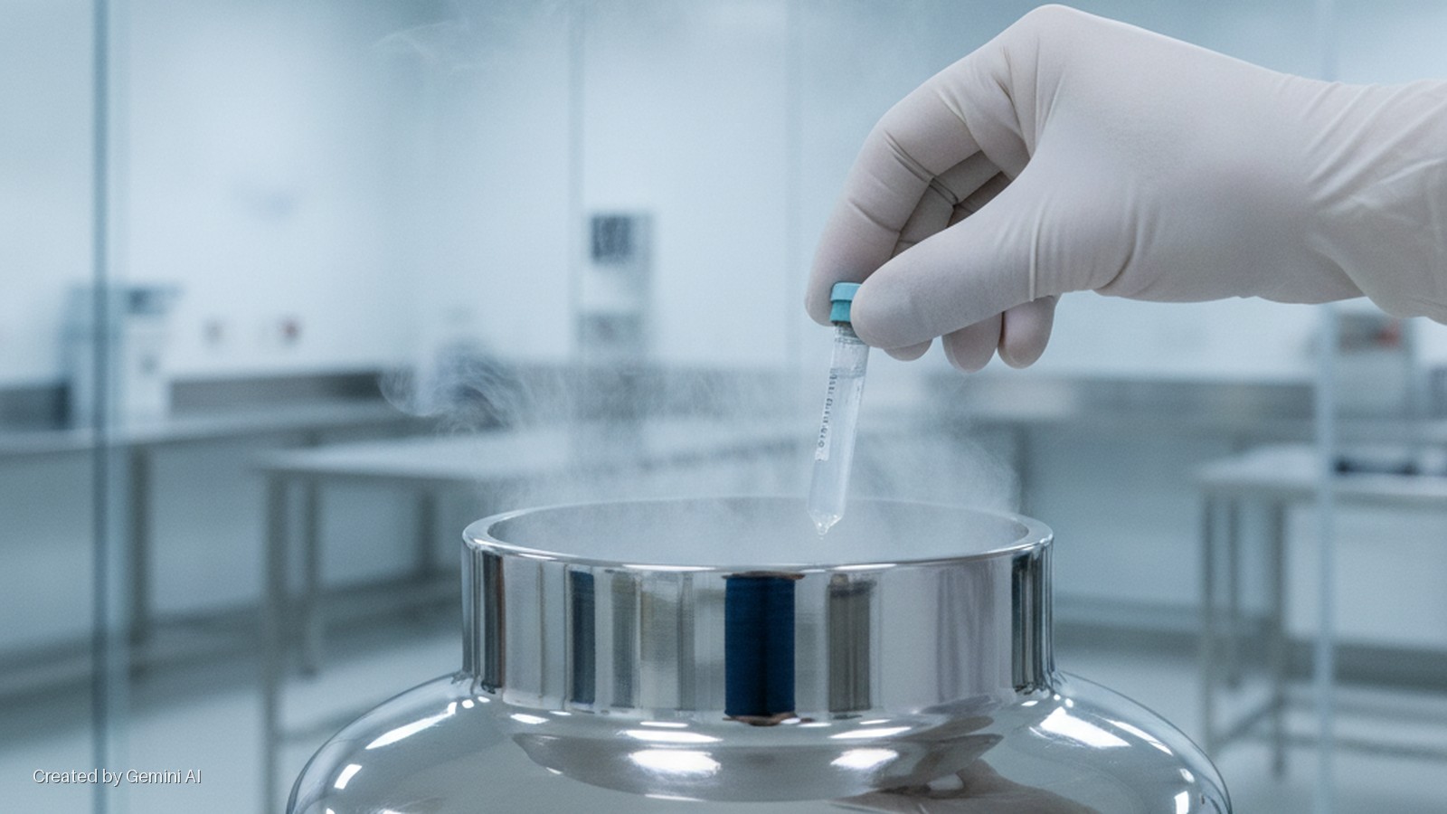 A gloved hand lowers a small sample vial into a metal cryogenic dewar emitting vapor in a brightly lit laboratory.