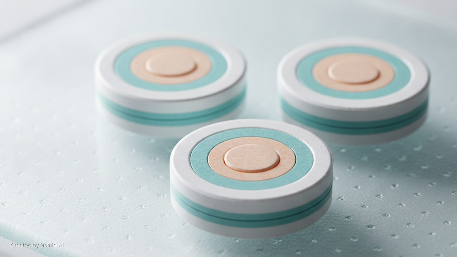 Three round objects, each with concentric white, teal, and peach circles and a raised center, plus a teal band around their sides, rest on a textured light blue surface with a dotted pattern under bright, soft lighting.