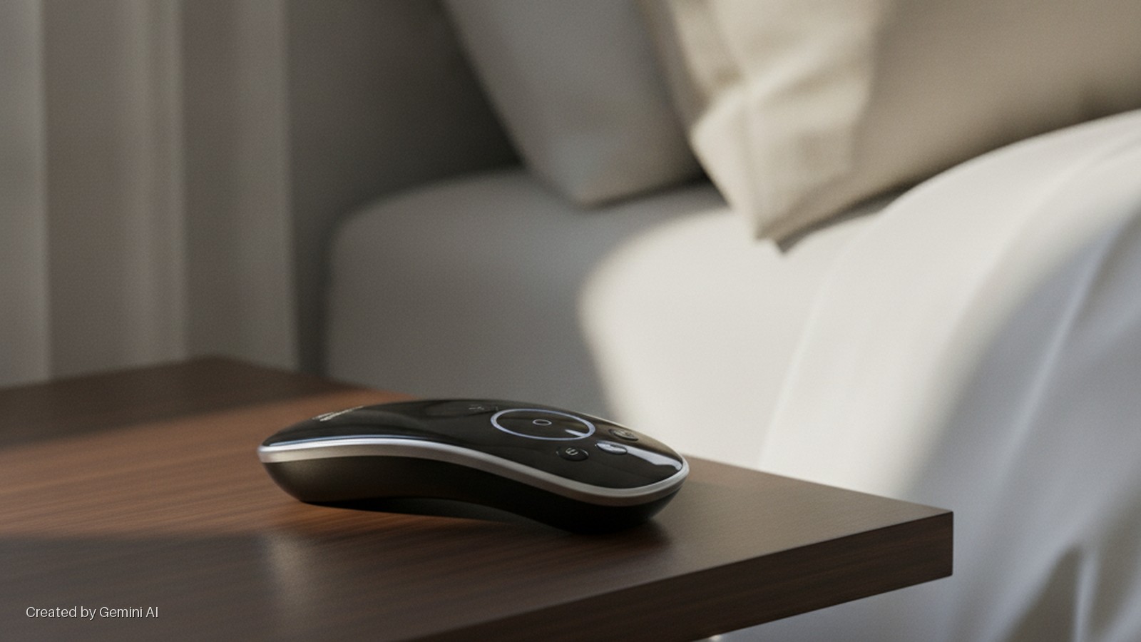 A sleek black and silver remote control rests on a dark wooden nightstand, lit by natural light, next to a bed with white linens and a light-colored pillow.