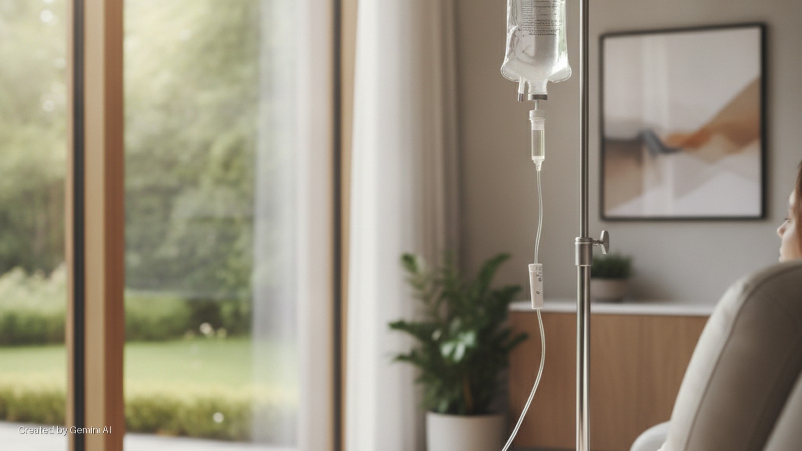 A clear IV bag on a metal stand delivers fluid to a person seated in a light-colored chair in a brightly daylit room with a large window opening to a lush green outdoor view.