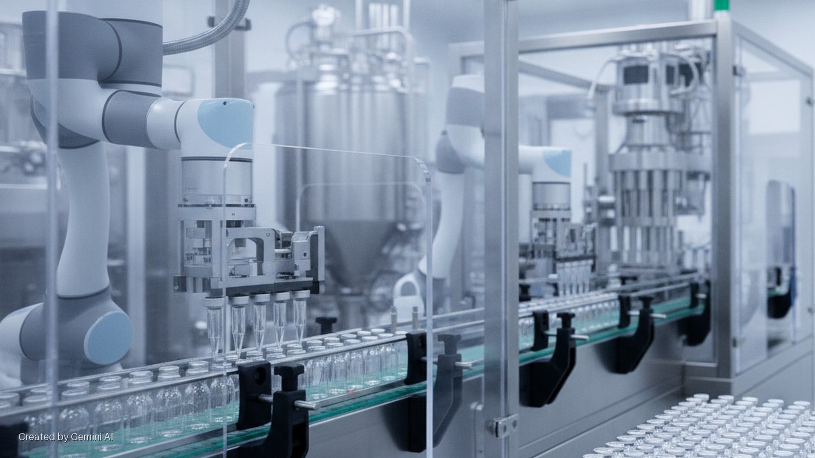 A robotic arm and automated machinery process clear glass vials on a conveyor belt in a bright, sterile manufacturing facility.