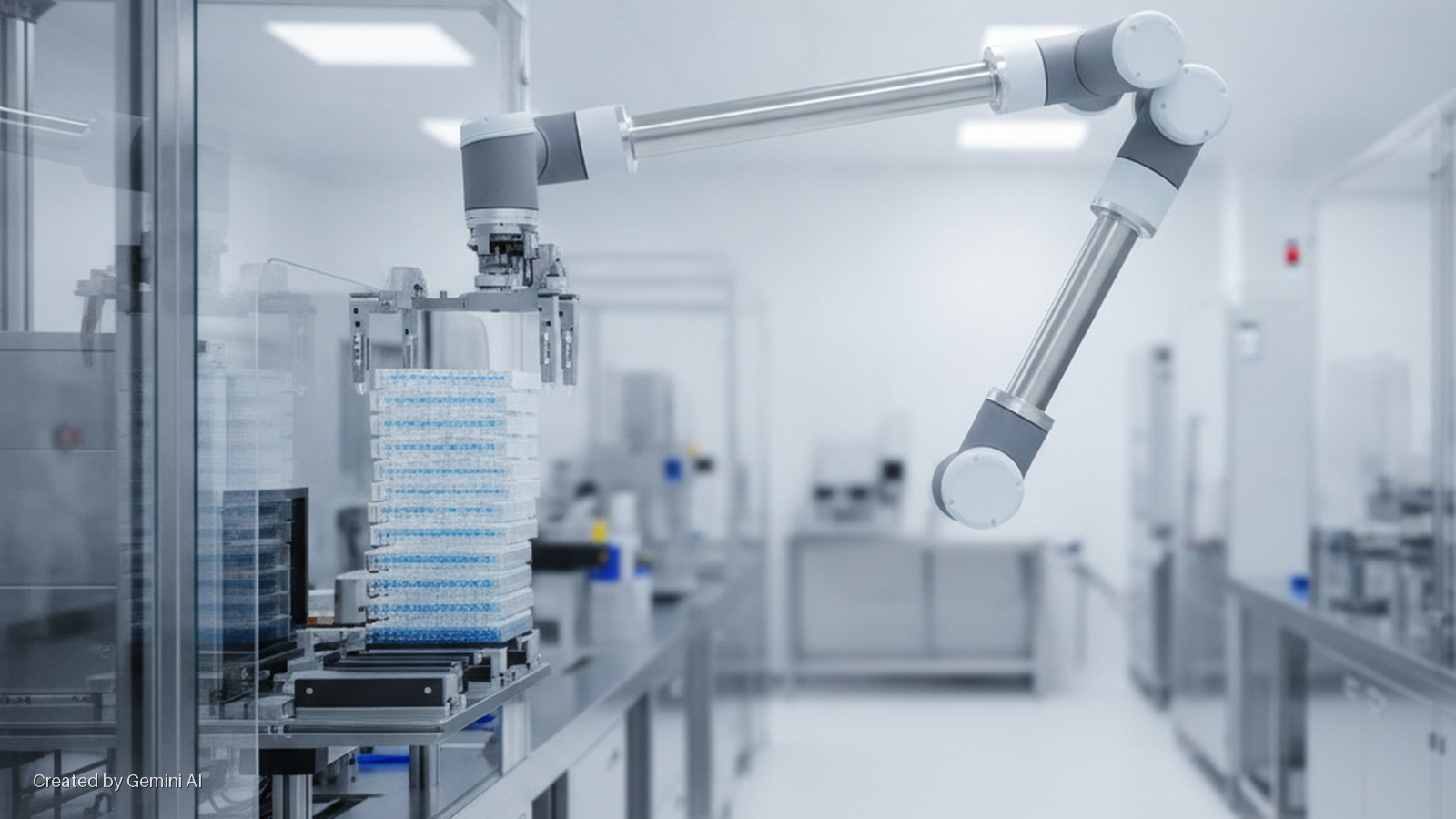 A robotic arm manipulates stacked microplates containing blue liquid in a brightly lit, sterile laboratory environment.