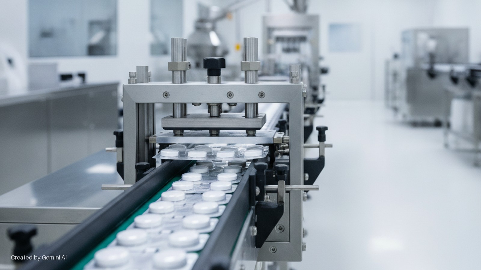 Blister packs of white pills move along a conveyor belt through a brightly lit pharmaceutical packaging machine in a cleanroom.