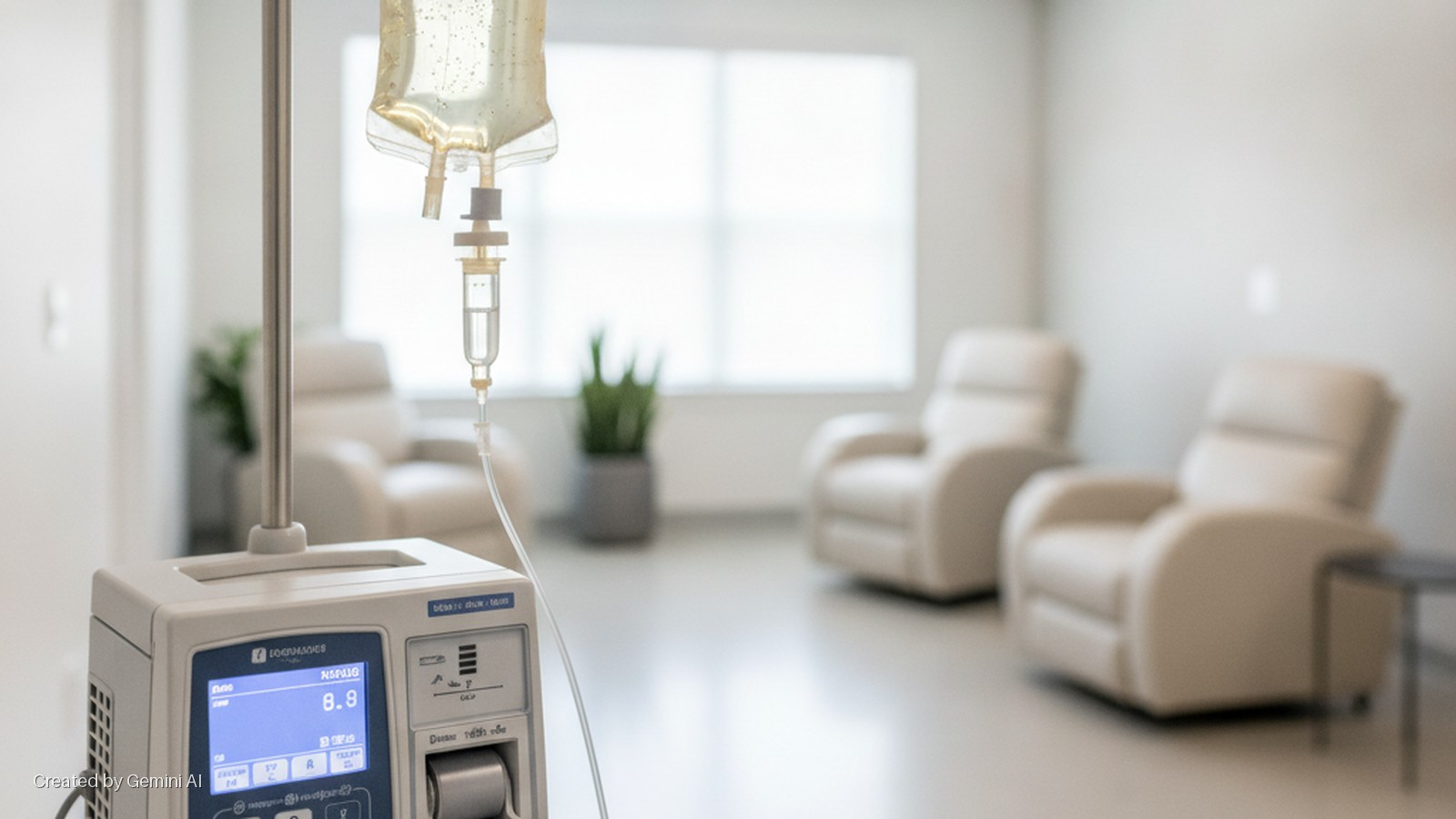 An amber IV bag hangs above an infusion pump in the foreground, with a brightly lit medical treatment room containing multiple beige recliners and a large window blurred in the background.