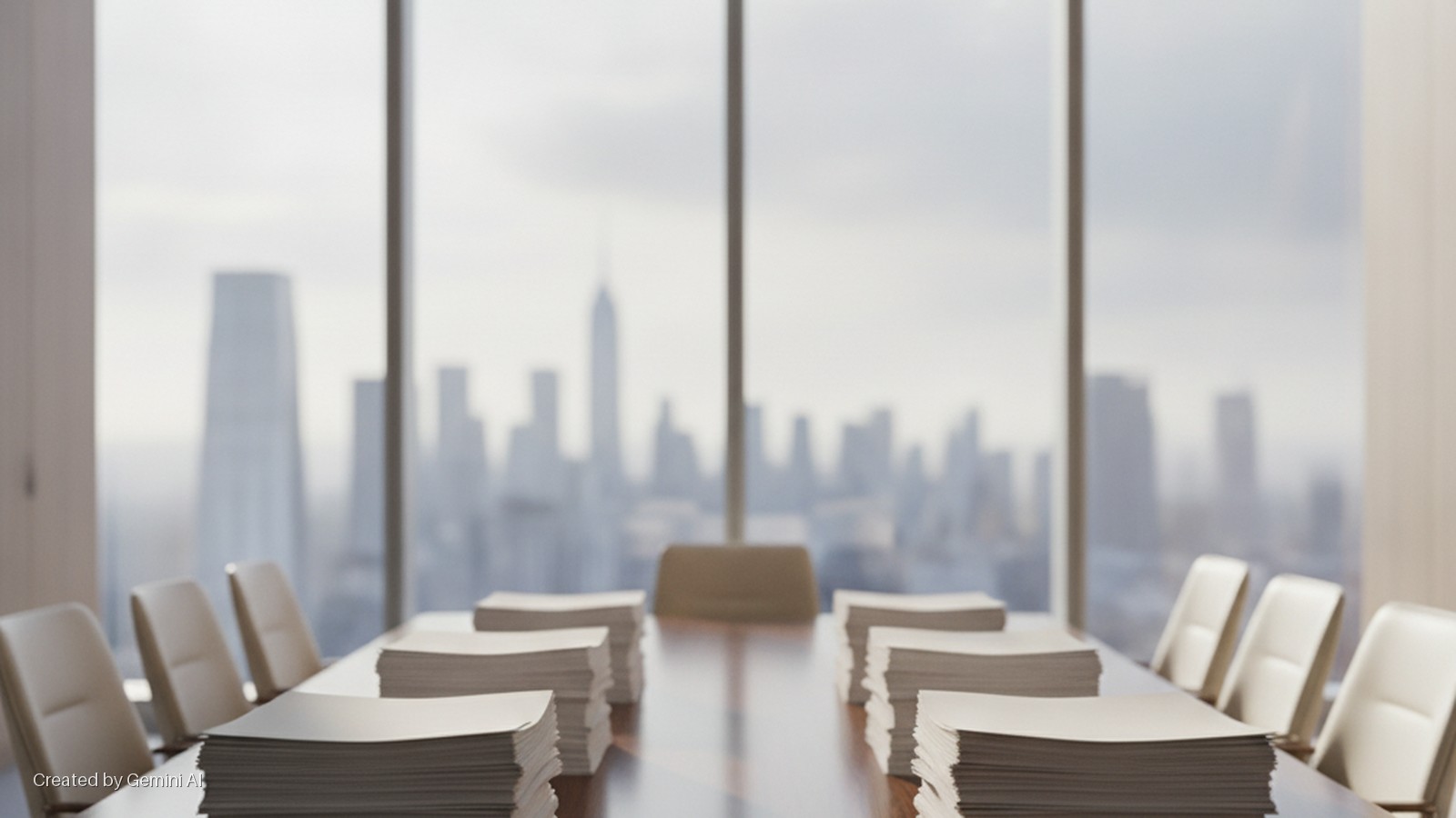 A conference room features a long table laden with stacks of white documents and light-colored chairs, brightly lit by large windows revealing a blurred, overcast city skyline.