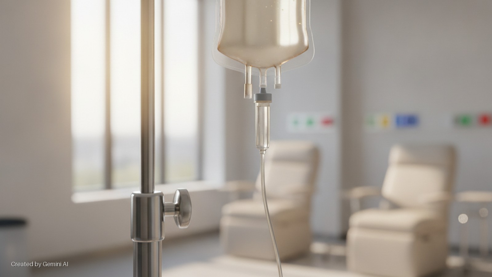 A close-up of an IV bag on a metal pole is illuminated by bright sunlight streaming through a large window into a medical room with blurred treatment chairs in the background.