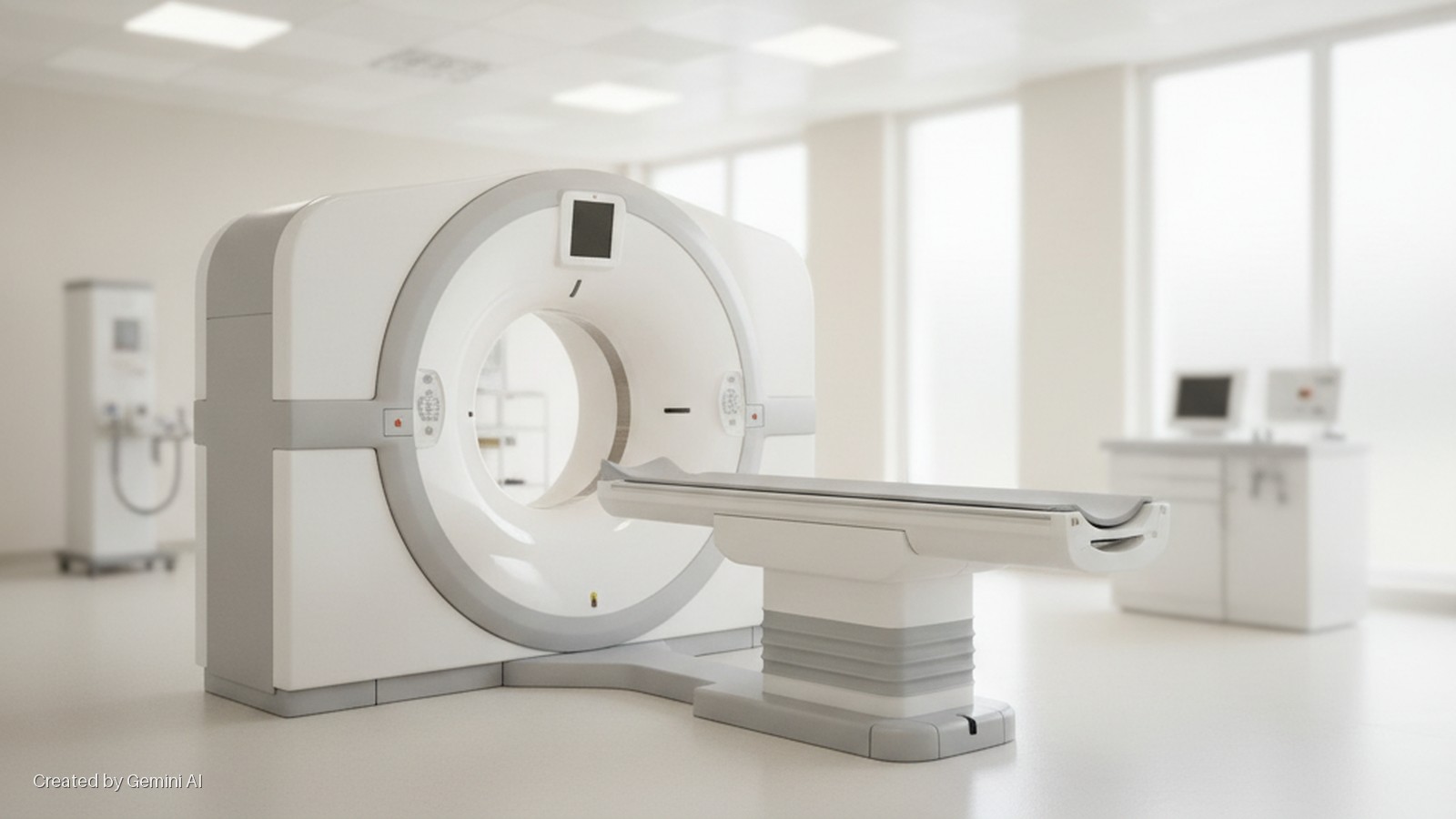 A brightly lit medical imaging room contains a large white and gray CT scanner with an attached patient table, and blurred medical equipment and a desk with monitors in the background.