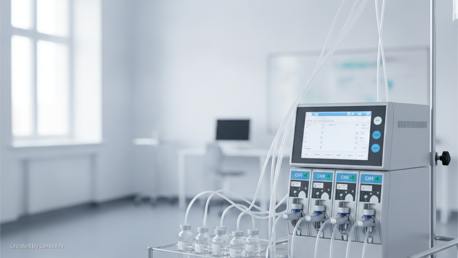 A multi-channel medical infusion system with bottles and tubing stands in a brightly lit, clean room with a blurred window and desk in the background.