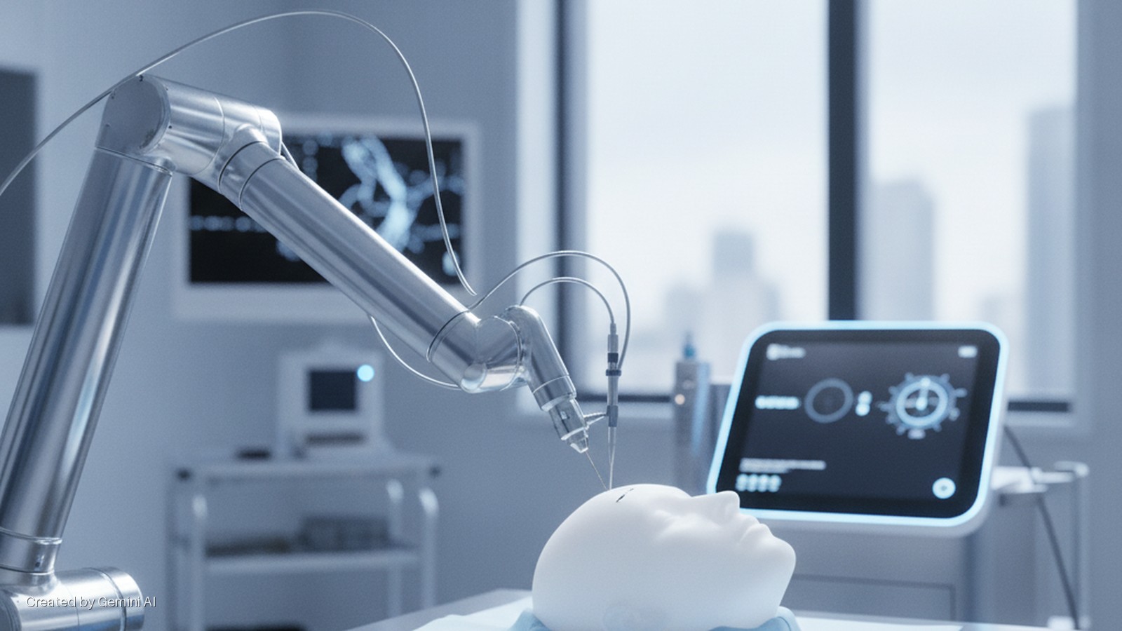 A brightly lit, sterile medical room features a metallic robotic arm positioned over a white mannequin head, a digital control screen, and a city view through a large window in the background.