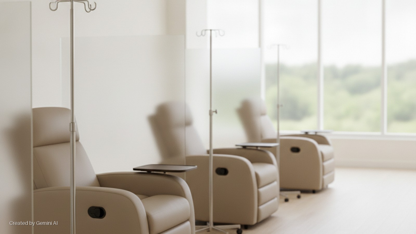A brightly lit infusion room features three empty beige recliners, each with an IV pole and side table, separated by clear dividers, and large windows overlooking a blurred green landscape.