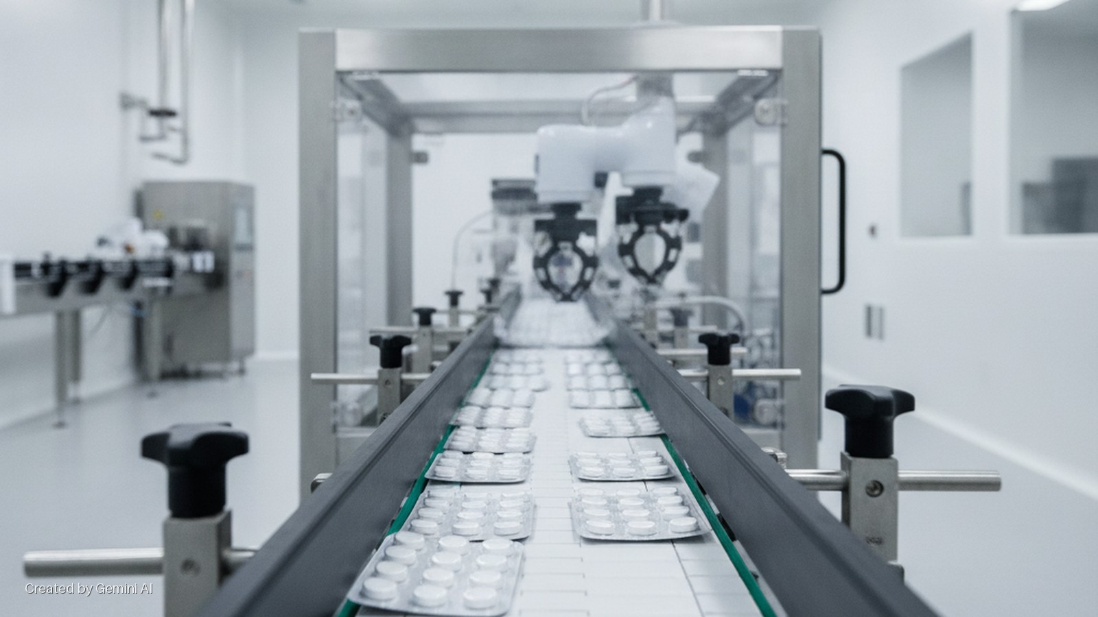 Blister packs of white pills move along a conveyor belt in a brightly lit pharmaceutical manufacturing cleanroom, with robotic arms and stainless steel machinery in the background.